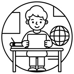 A child sitting at a desk learning on a tablet or laptop at home with books, globe, and colorful decor around, e-learning setup.