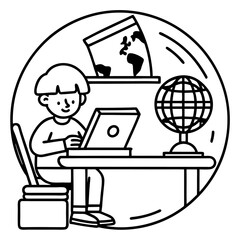 A child sitting at a desk learning on a tablet or laptop at home with books, globe, and colorful decor around, e-learning setup.