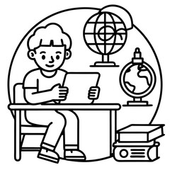 A child sitting at a desk learning on a tablet or laptop at home with books, globe, and colorful decor around, e-learning setup.