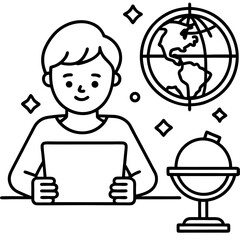 A child sitting at a desk learning on a tablet or laptop at home with books, globe, and colorful decor around, e-learning setup.