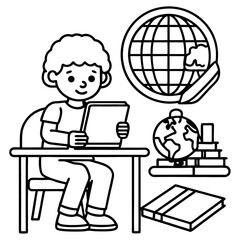 A child sitting at a desk learning on a tablet or laptop at home with books, globe, and colorful decor around, e-learning setup.