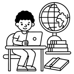 A child sitting at a desk learning on a tablet or laptop at home with books, globe, and colorful decor around, e-learning setup.