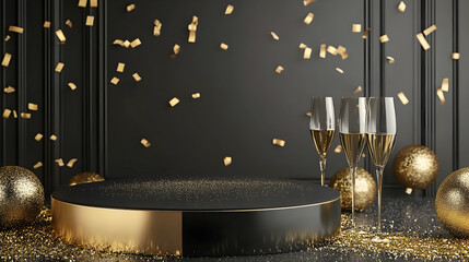 Elegant black and gold celebration scene with champagne and confetti backdrop