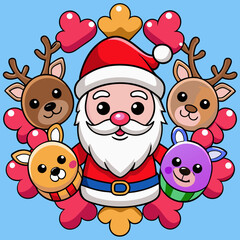 Festive Cartoon Santa Claus with Reindeer and Decorative Christmas Elements.