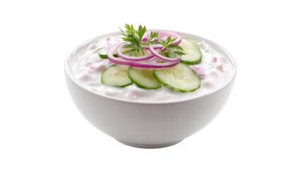 Creamy yogurt dip with cucumber onion and parsley isolated on transparent background