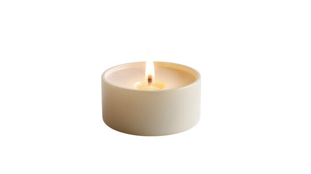 Close up of a lit tea light candle with a warm flame isolated on transparent background
