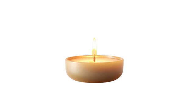 Single lit tea light candle with a warm flame isolated on transparent background