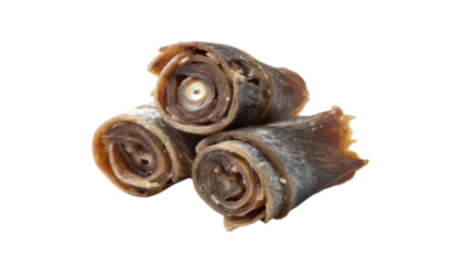Three dried fish rolls with scales and skin isolated on transparent background