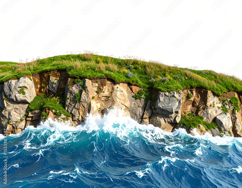 Poster 3d rendering of a coastal cliff with crashing waves below and wind-blown grass above, isolated