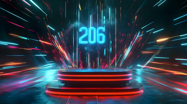 Futuristic Neon Number 206 on a Stage with Light Streaks and Vibrant Hues