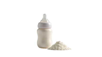 Baby bottle with milk and powdered formula isolated on transparent background