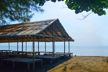 bamboo hut on the beach with pine trees