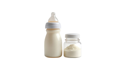 Baby bottle filled with milk and container of formula powder isolated on transparent background