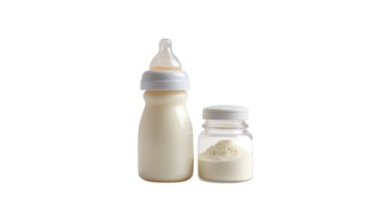 Baby bottle filled with milk and container of formula powder isolated on transparent background