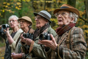 Group of senior people with binoculars in the autumn forest.
