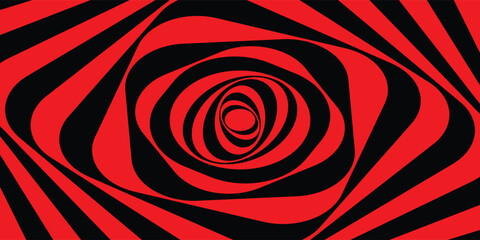 Abstract twisted black and red background. Optical illusion of distorted surface. Twisted stripes. Stylized 3d tunnel. Vector illustration. Great for wall art, poster, banner, web.
