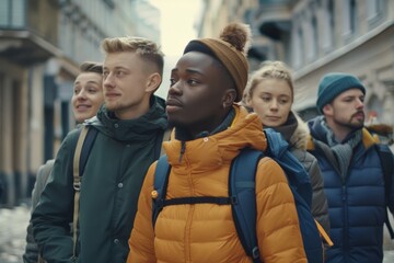 Group of young multiracial friends walking down the street in winter