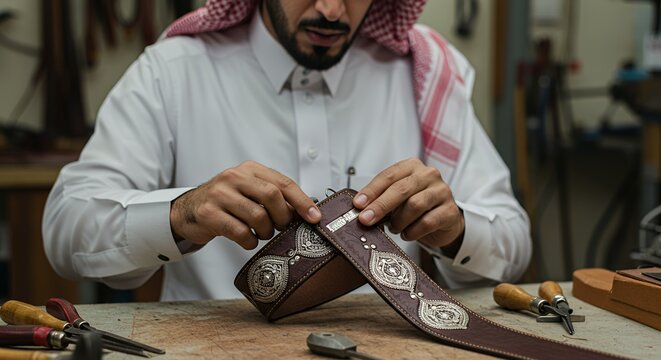 Arabian Craftsman Carefully Adorns Exquisite Leather Belt with Silver