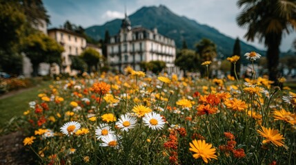 Colorful flower garden in front of a grand building, mountains in the background