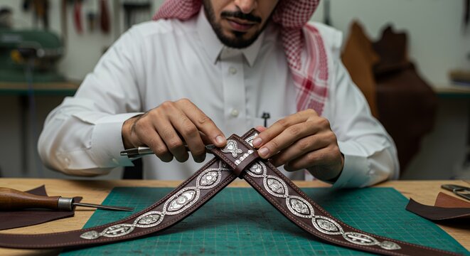 Skilled Artisan Craftsman Meticulously Adorns Exquisite Leather Belt with Silver Filigree