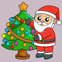 Cartoon Santa Claus Decorating Christmas Tree with Colorful Ornaments.