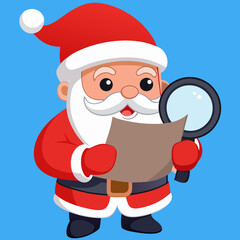 Cartoon Santa Claus Examining List with Magnifying Glass Christmas Concept.