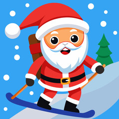 Cartoon Santa Claus skiing with a brown sack wearing red suit.