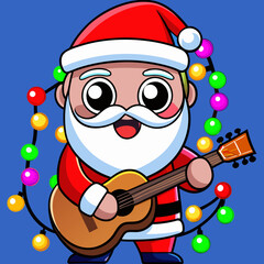 Cartoon Santa Claus Playing Guitar with Festive Christmas Lights.