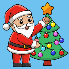 Cheerful Cartoon Santa Claus Decorating a Christmas Tree with Colorful Ornaments.