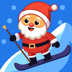 Cartoon Santa Claus Snowboarding with Joyful Expression.