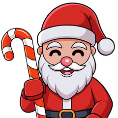 Cheerful Cartoon Santa Claus Holding Candy Cane Smiling Festive Illustration.