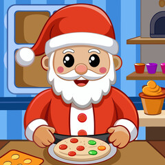 Cheerful Santa Claus Baking Festive Pizza with Colorful Toppings.