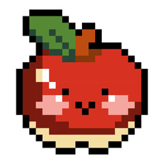 cute cartoon apple pixel art with a green stem and leaf. The apple is smiling and has a cute face. design for all business