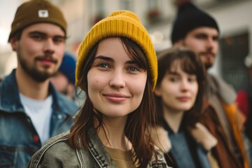 Portrait of a young girl in a yellow hat on the background of a group of friends