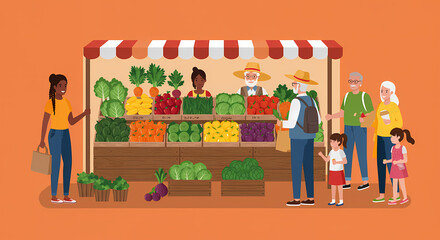 Vibrant Farmers Market Scene Fresh Produce, Happy Customers, Community Gathering
