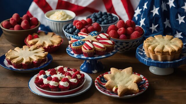 Patriotic desserts display with pies, cupcakes, berries and american flag backdrop on wooden table - Powered by Adobe
