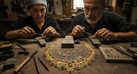 Skilled artisans meticulously craft a vibrant gemstone necklace in their traditional workshop.