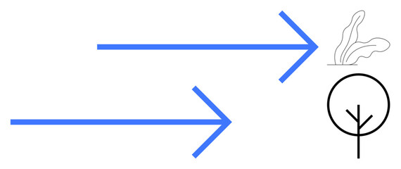 Fototapeta na wymiar Simplistic blue arrows point toward a black-stroked tree and plant illustration. Ideal for growth, progress, environment, sustainability, nature, minimalism, direction. A simple flat metaphor