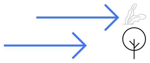 Fotobehang Simplistic blue arrows point toward a black-stroked tree and plant illustration. Ideal for growth, progress, environment, sustainability, nature, minimalism, direction. A simple flat metaphor © robu_s