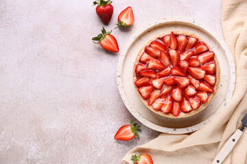 Tray with sweet strawberry tart on white background