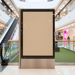 A blank advertising display in a bright, modern shopping mall setting, ready for your content.