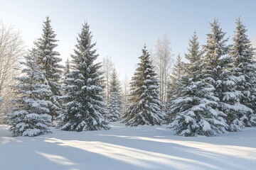 Naklejka premium Snowy evergreens under a bright sky in a winter landscape