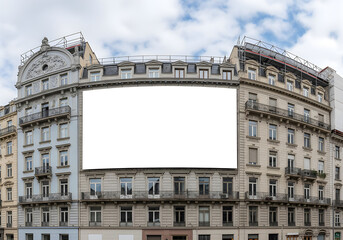 A blank billboard on a beautiful building, ready for your message.