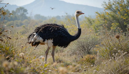 Naklejka premium ostrich in the wild looking for food