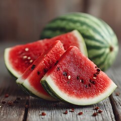 two slices of watermelon on a wooden table