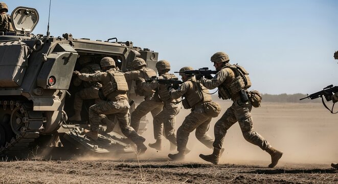 Soldiers in Combat Uniform Shooting From Armored Vehicle During Military Exercise in Desert Environment