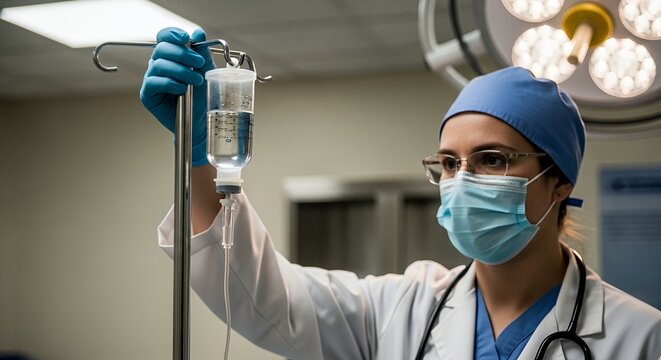 Female Doctor Adjusting IV Drip in Hospital Operating Room Setting