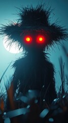 Fototapeta premium Glowing-eyed scarecrow in dark field at night.