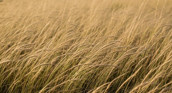 Field of Golden Grass Swaying Gently in the Breeze CloseUp View
