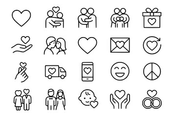 Fototapeta premium Love & Relationship Line Icons: Romance, Family & Care Vector Set
